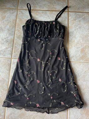 Dolls Kill Black Mini Dress with Pink Floral Embroidery